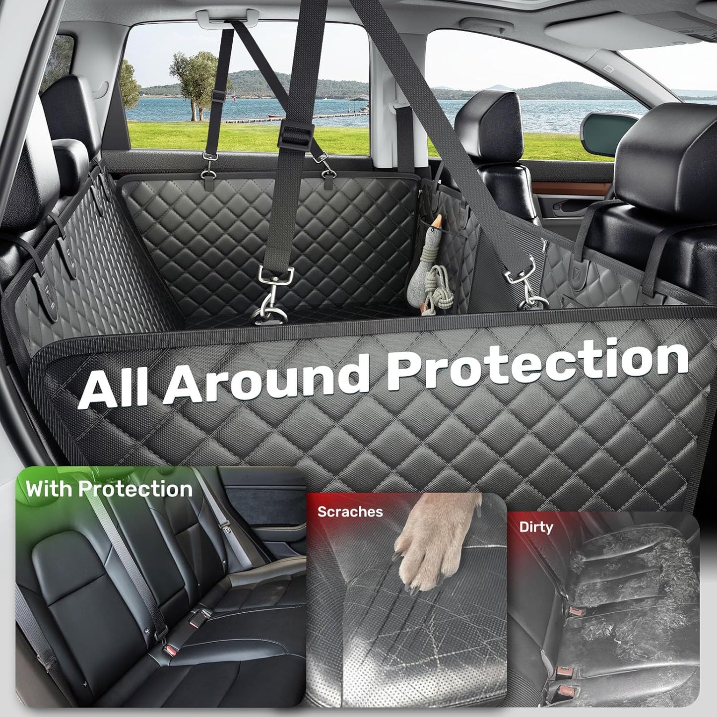 Zanch 2025 Upgraded Dog Car Seat Cover, 400 lbs Heavy Duty Hard Bottom, Waterproof & Anti-Scratch Back Seat Protector, Nonslip Pet Hammock Extender for Cars, SUV, Trucks, Standard-Black