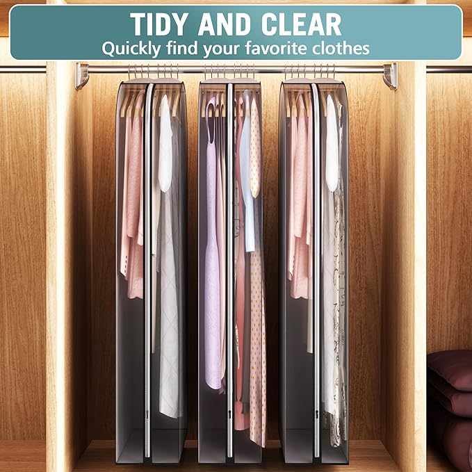 10" Gusseted Garment Bags for Hanging Clothes 60" Suit Bags for Open Closet Storage, Side Clear Clothing Cover for Coat, Dress, Jacket, Shirt, Fur Wardrobe Protector, 3 Packs, Grey