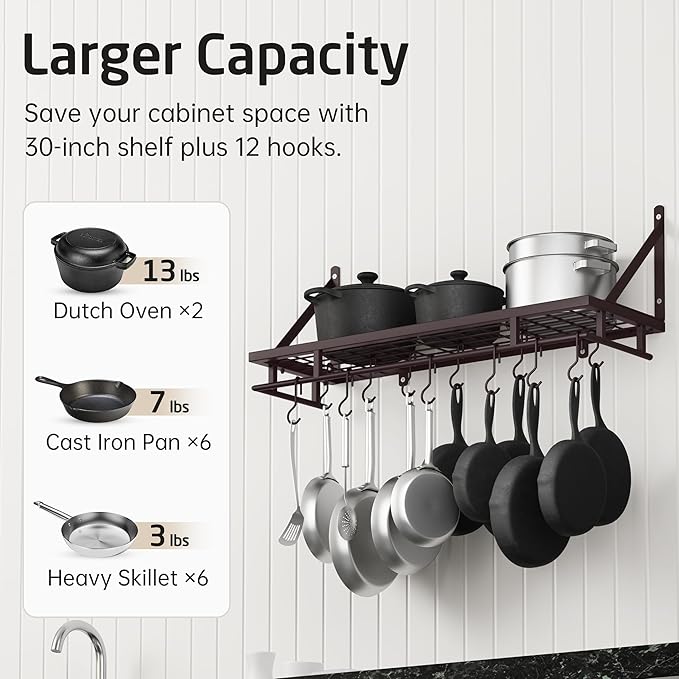 KES 30-Inch Oiled Bronze Pot Rack, Wall Mounted Hanging Pot and Pan Organizer with 12 Sturdy Hooks, Kitchen Wall Hanger Shelves Farmhouse Style, KUR215S75A-OB