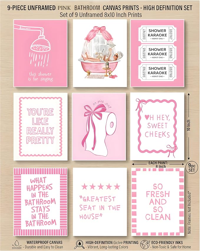 tgguytiy 9Pcs Pink Bow Bathroom Wall Art Prints, Coquette Bowknot Aesthetic