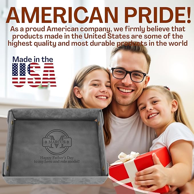 Engraved Father’s Day Leather Valet Tray – Personalized Leather Catch All with Custom Name – Men’s Valet Tray Organizer for Keys, Watches, and Jewelry – Unique Dad Gift from Daughter or Son - Grey