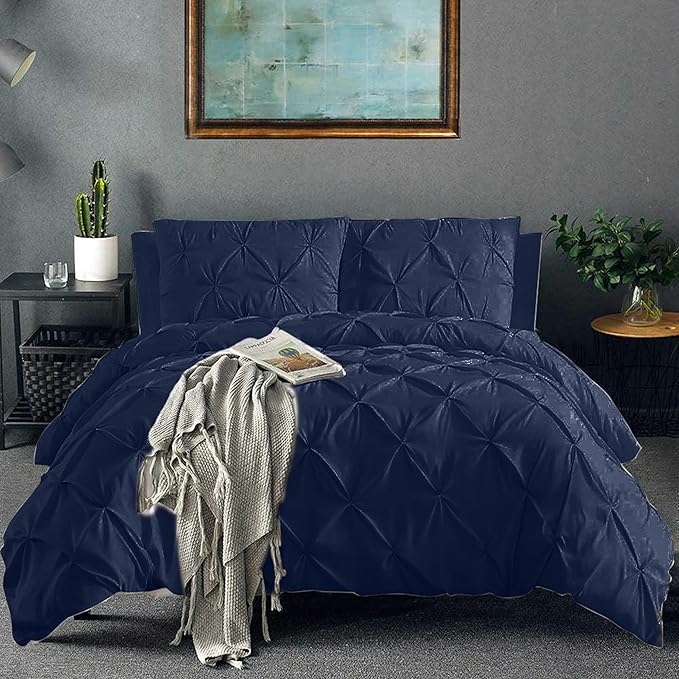 Pinch Pleated Duvet Cover Set 100% Brushed Microfiber 3PC Calking Size 98x104 Duvet Cover Set, Decorative Pinch Design Navy Blue Duvet Cover with Matching Pillow Case