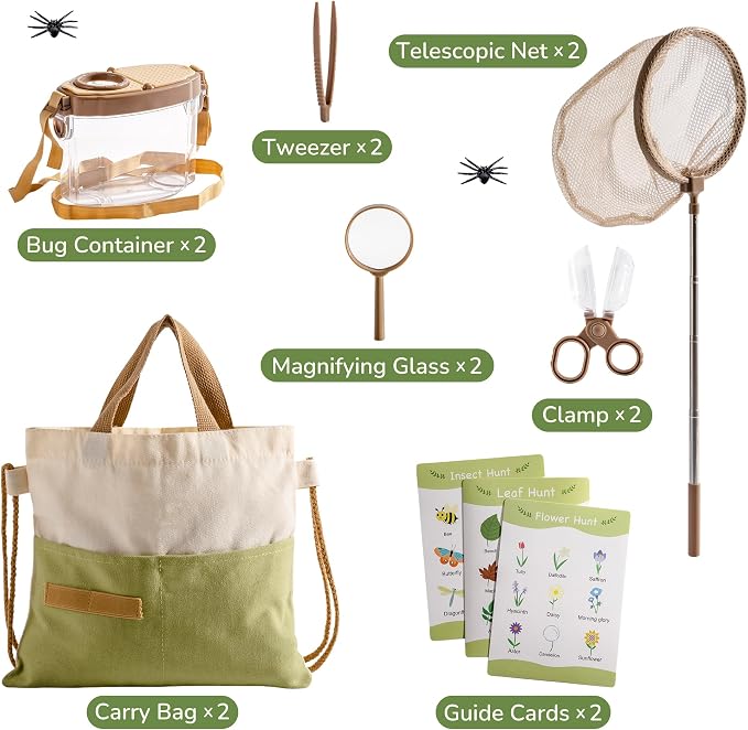 ROBOTIME 2Sets Bug Catcher for Kids, Sturdy Bug Catching Kit with Butterfly Net, Insect Box, Magnifying Glass, Tweezer, Clamp, Cards and Carry Bag, Bug Habitat Outdoor Explorer Kit for Kids 3-12