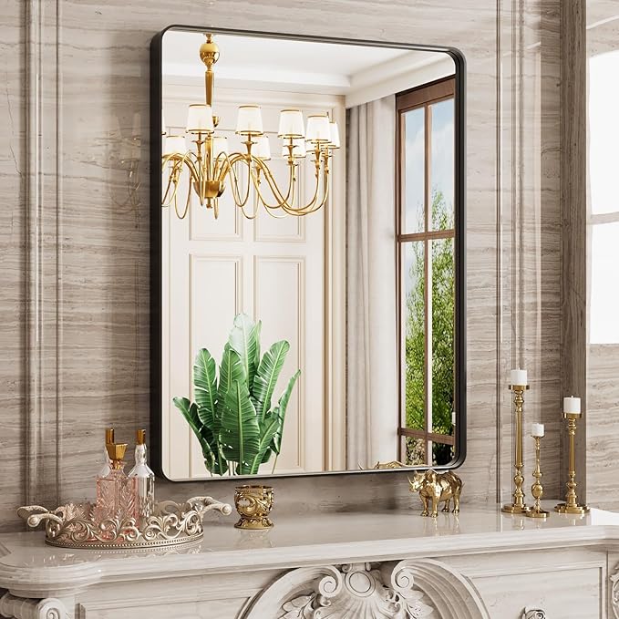 24X36 Inch Black Bathroom Mirror, Black Metal Framed Mirror for Wall, Rounded Rectangle Matte Bathroom Vanity Mirror with Tempered Glass, Anti-Rust, Horizontal/Vertical