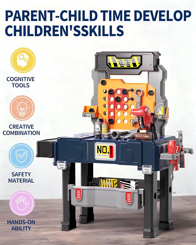Deejoy Kids Tool Bench with Electric Drill and Miter Saw | 2-in-1 Toddler Workbench and Tool Box Set, Construction Toys for Boys 3-5, Engineering Play Set for Toddlers Age 3 4 5 6