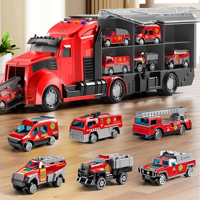 NIPLOOOW Fire Trucks Toy Set with Play Mat, Carrier Truck Play Vehicles Set for 3 4 5 6 Years Old Boys Kids, Die-Cast Car Toy for Toddlers 3-4 Years, Birthday Gifts Toys for 3-9 Year Old Boys