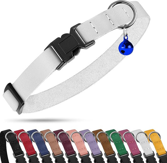 Breakaway Cat Collar with Bell - Leather Adjustable Kitten Collars with Safety Quick Release Buckle - Soft Small Pet Collars for Girl & Boy Cats (White)