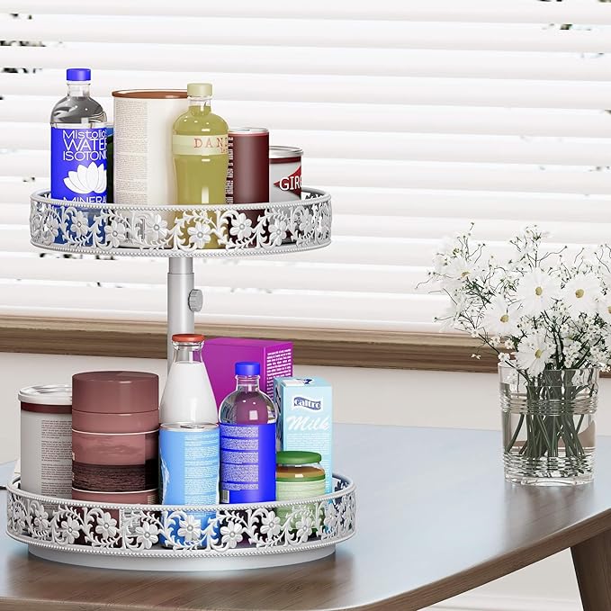 2 Tier Lazy Susan Organizer Turntable Adjustable,12 Inch Two Tier Lazy Susan Metal Easy Assembly Cleaning, Rotating Spice Rack Organizer for Cabinet Dining Table Kitchen Countertop White