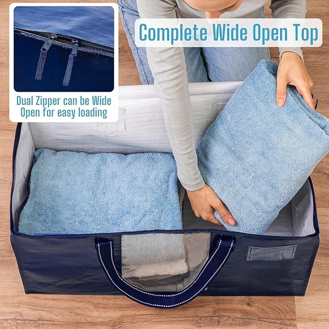 VENO 2 Pack Moving Bags, Christmas Storage Bins, Moving Boxes Alternative, Comforter and Blanket Storage Bags, College Dorm Packing Supplies, Foldable Heavy-Duty Tote with Window (Blue, 2 Pack)