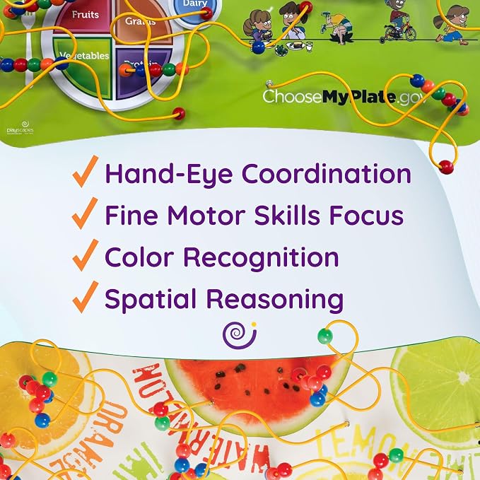 Wire & Bead Maze Activity Wall – Wall Busy Board for 24+ Months Old – Easy-to-Clean Bead Puzzle for Playrooms, Daycares, Classrooms, & Waiting Rooms – No Batteries or Loose Parts – Fruit