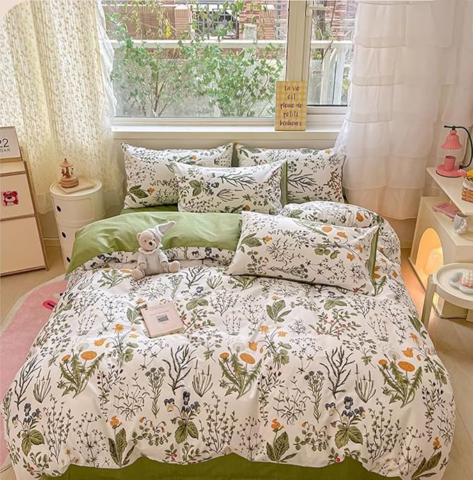KAREVER Botanical Comforter Queen Sage Green Floral Plant Bedding Set Garden Pattern Printed Reversible Blanket 3 PCs Breathable White Floral Bed Comforter Set