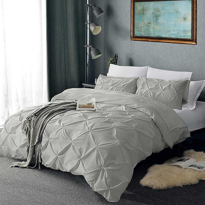 Pinch Pleated Duvet Cover Set 100% Cotton 3PC Super King Size 98x108 Duvet Cover Set, Decorative Pinch Design Silver Grey Duvet Cover with Matching Pillow Case