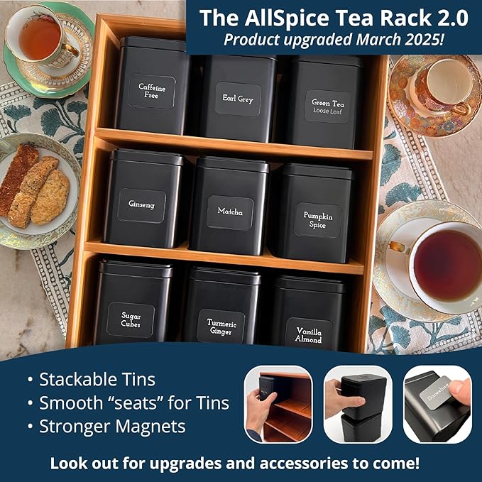 AllSpice Tea Organizer Rack with 9 Tins & 160 Magnetic Labels – Perfect for Bagged & Loose Leaf Tea Organization - Cherry