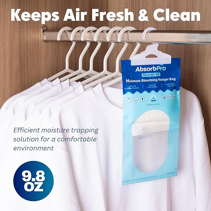 Moisture Absorbing Hanger Bag Fragrance Free - 10-Pack - 9.8 oz Hanging Dehumidifying Packs for Home, Kitchen, Bedroom, Bathroom, Closet, Rooms, Cars