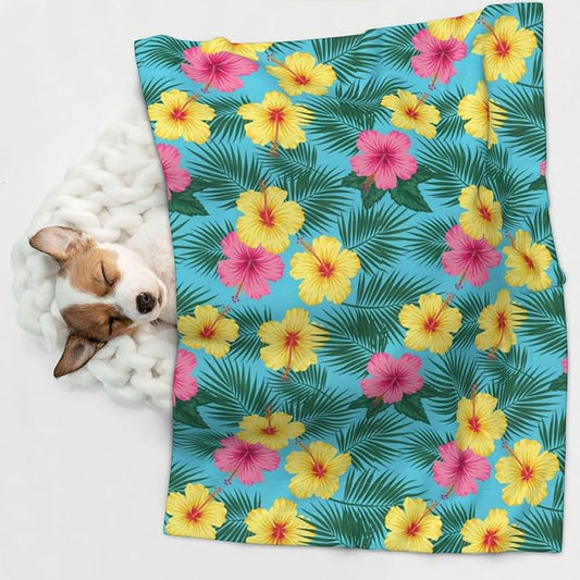 Reversible Plush Dot Pet Blanket for Dogs and Cats, Hawaii Tropical Floral Plants, Ultra Soft Two Sided Design with Warm Fuzzy Side and Smooth Side for Comfort