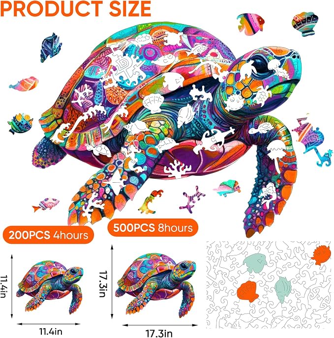Mys Aurora Colorful Turtle Puzzles for Adults 200 Pieces Ocean Wood Puzzles | 5MM Thick Wooden Jigsaw Puzzles, Unique Shape Puzzle for Adults and Kids Birthday Gifts Family Game 11.4 * 11.4 inches