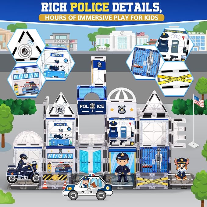 60PCS Police Station Magnetic Tiles Set with 6 Magnetic Dolls,Magnet Tiles Building Blocks for kids,Toy for Boys 3-5 4-8-12 Gifts,STEM City Police Toys Include Policeman,Puppy,Criminal,Vehicles,Prison