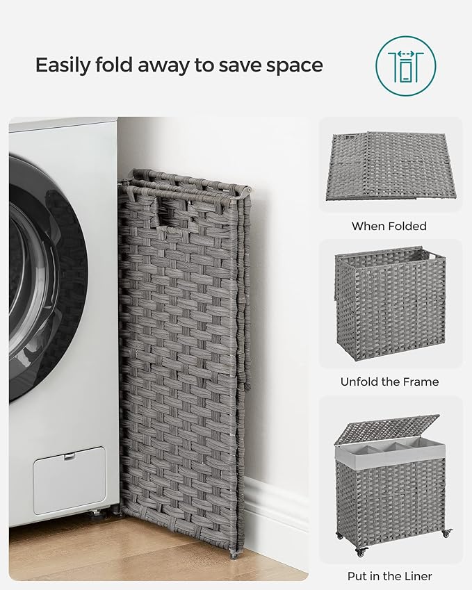 SONGMICS Laundry Hamper with Lid, 37 Gallons (140 L), Rolling Laundry Basket with Wheels, 3-Section Synthetic Rattan, Removable Liner, Bedroom, 26 x 13 x 26 Inches, Gray ULCB363G01