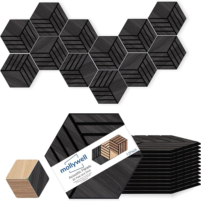Mollywell Acoustic Panels, PVC Wood-Grain, 14x12 Inch Hexagon Carved Sound
