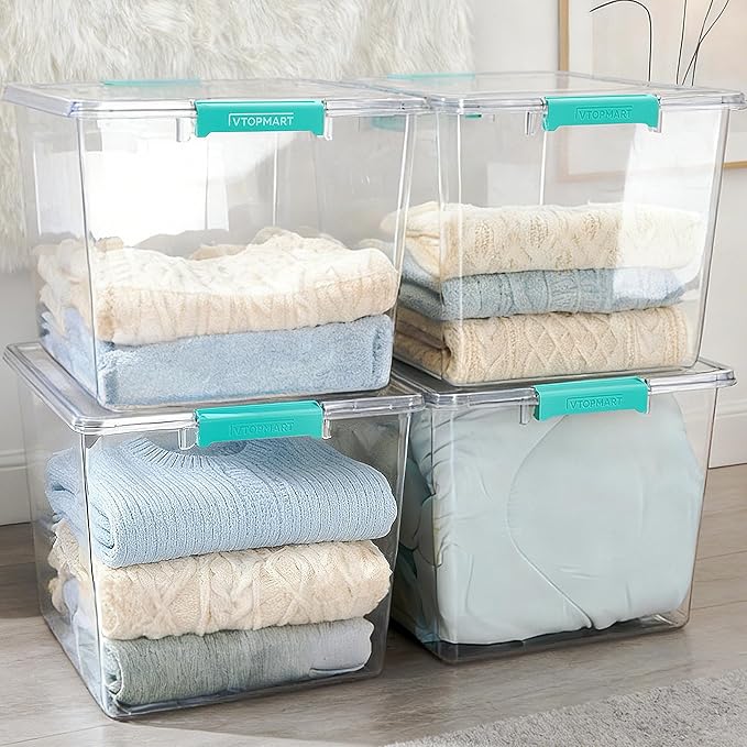 Vtopmart 4 Pack 72 QT Crystal Clear Storage Bins with Lids, 4 Pack Stackable Plastic Large Latching Boxes Totes Tubs Container for Closet Organizers and Storage, Bedroom, Clothes, Toys, Bedding
