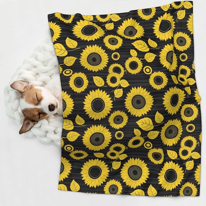 Pet Blanket for Car Rides Vet Visits, Abstract Yellow Sunflower, Two Sided Reversible Plush Design with Bumpy Dot Side Offers Comfort Home Piece On Go Travel