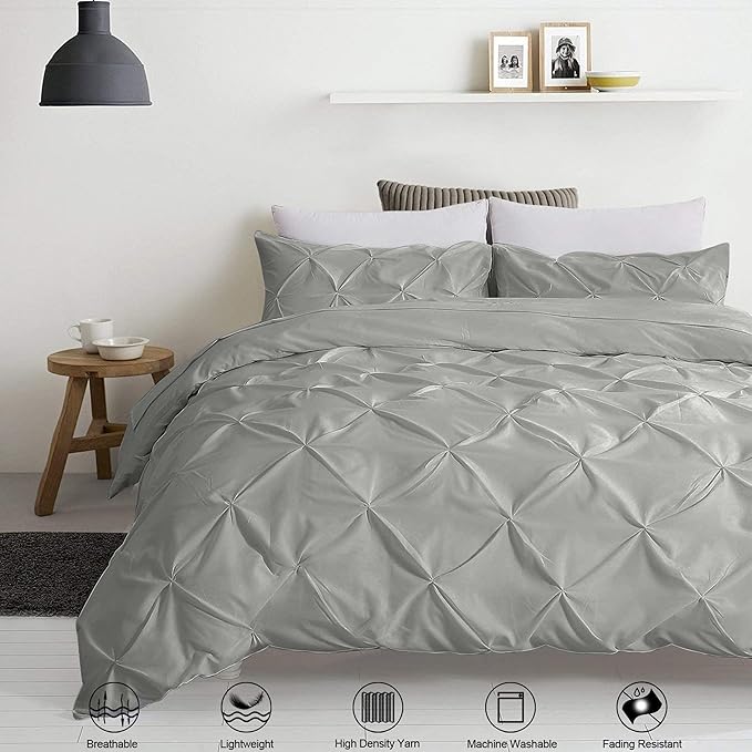 Pinch Pleated Duvet Cover Set 100% Cotton 3PC Super King Size 98x108 Duvet Cover Set, Decorative Pinch Design Silver Grey Duvet Cover with Matching Pillow Case