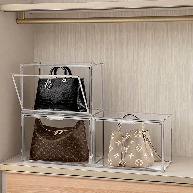 10Pack Purse Organizer for Closet Clear Acrylic Display Case Handbag Storage Organizer Box with Magnetic Door Stackable Storage Bins with Dustproof Lid for Book Toys Shoes Cosmetic Collectibles