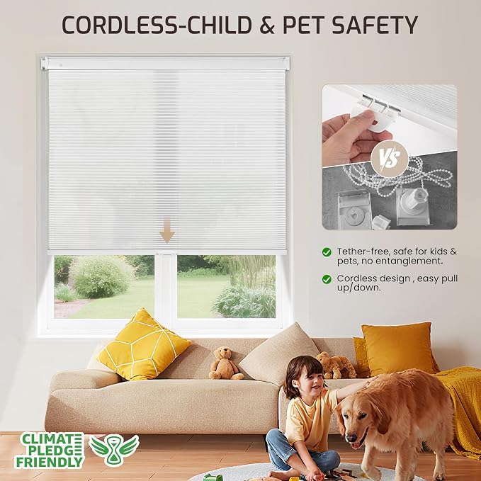 Grandekor No Drill No Tools Cordless Cellular Shades, 32.5" W x 64" H, Light