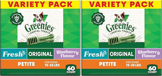 Greenies Veterinarian-Recommended Adult Natural Dental Dog Treats Petite Size,Variety Pack Flavor,(3) 12 oz. Packs,60 Count (Pack of 2)