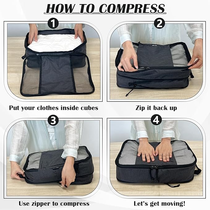 Compression Packing Cubes for Travel Essentials, 2 Set Expandable Compression Bags for Travel Packing Cubes for Suitcase Luggage Organizer Bags, Black Mesh