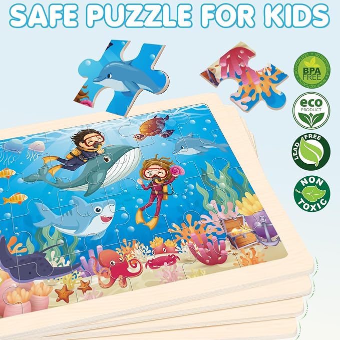 4-Pack Wooden Puzzles for Kids Ages 3-5, 24-Piece Animals Toddler Set | Toddler Puzzles Ages 3-5, Preschool Puzzles with Wooden Jigsaw Boards for Fine Motor Skills, Shape Recognition and Travel