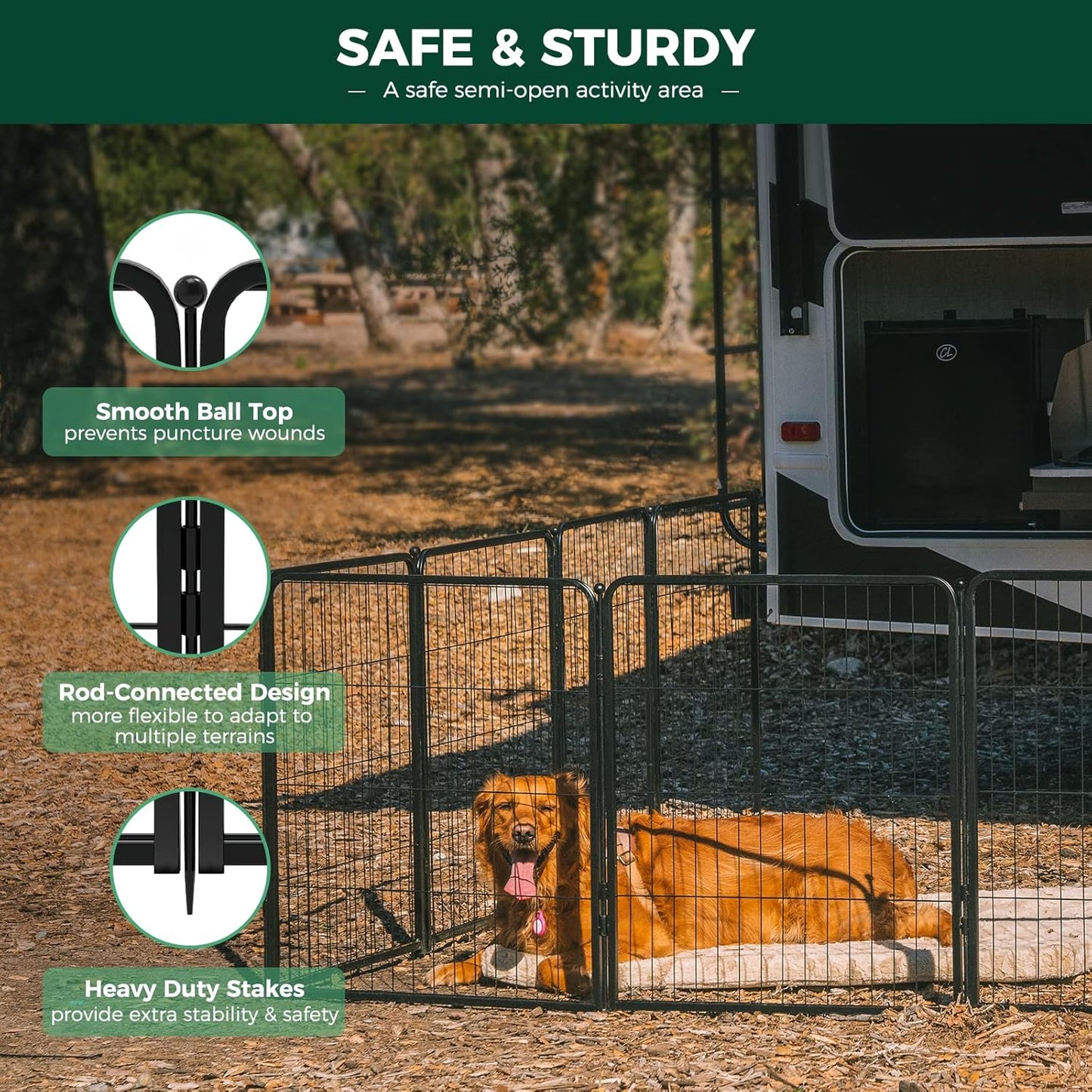 FXW Rollick Unleashed Dog Playpen for Indoor, Yard, RV Camping, 50 inch 16 Panels for Large Dogs, Black│Patented