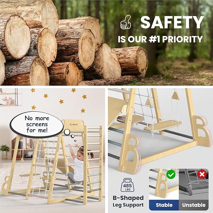 Upgraded Indoor Jungle Gym 9-in-1 Playground Kids Climbing Toys | Waldorf Style Wooden Climber Playset with Slide, Swing, Monkey Bars, Upright/Rope Ladder, Climb Net, Pink