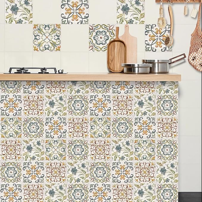 Wudnaye Bohemian Wallpaper Peel and Stick Faux Tile Contact Paper 17”×118” Tile
