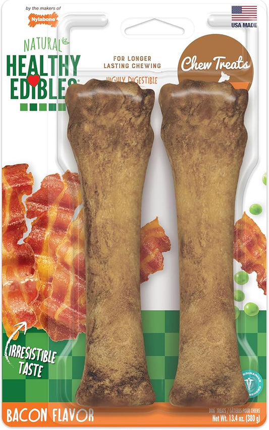 Nylabone Healthy Edibles Natural Dog Chews, Long Lasting Bones for Dogs, Bacon Flavor Dog Treats, X-Large (2 Count)