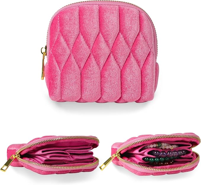 Small Travel Jewelry Case, Mini Travel Jewelry Bag with Zipper, 5-Layer Velvet Organizer Pouch for Bracelet Rings Earrings - Diamond Stitched Velvet BarbiePink