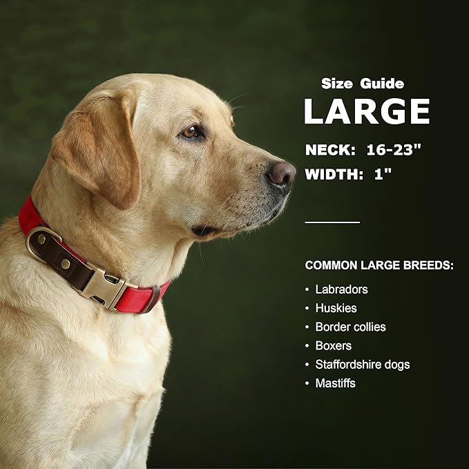 Didog Soft PU Leather Dog Collar for Large Dogs,Classic Adjustable Dog Collars with Quick Release Metal Buckle,Easy Clean and Comfortable with Nylon Lining,Red,L Neck 16-23"