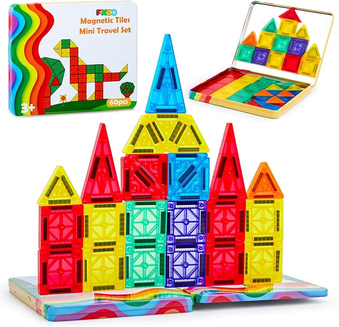 FNJO Mini Magnetic Tiles, Magnet Building Set,60 PCS Building Blocks Set STEM Preschool Montessori Toy for Kids Boys Girls