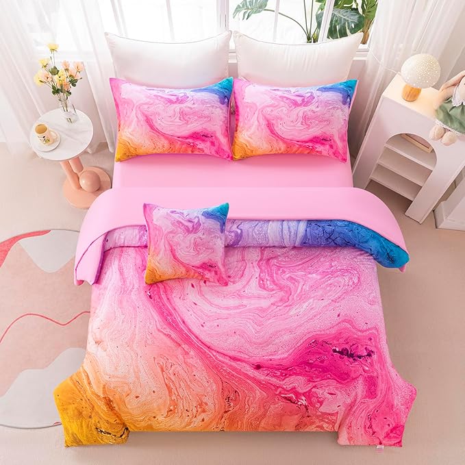 4Pcs Tie Dye Twin Comforter Set for Girls Kids, Watercolor Marble Abstract Art Pink Bedding Sets Twin Bed in A Bag (1 Comforter, 1 Flat Sheet, 2 Pillowcases)