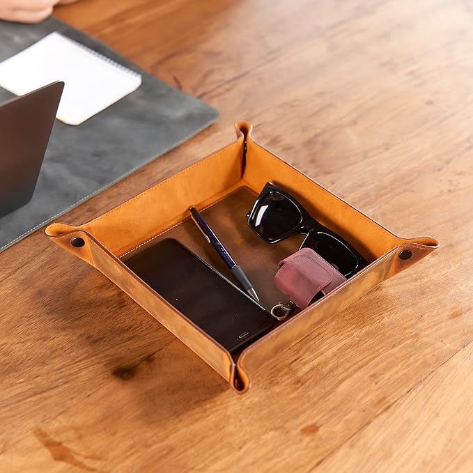 Handmade Leather Catch All Tray, Customizable Handcrafted Genuine Leather Valet Tray and Organizer for Keys, Phones, Jewels, Coins, Square - Small, Grey