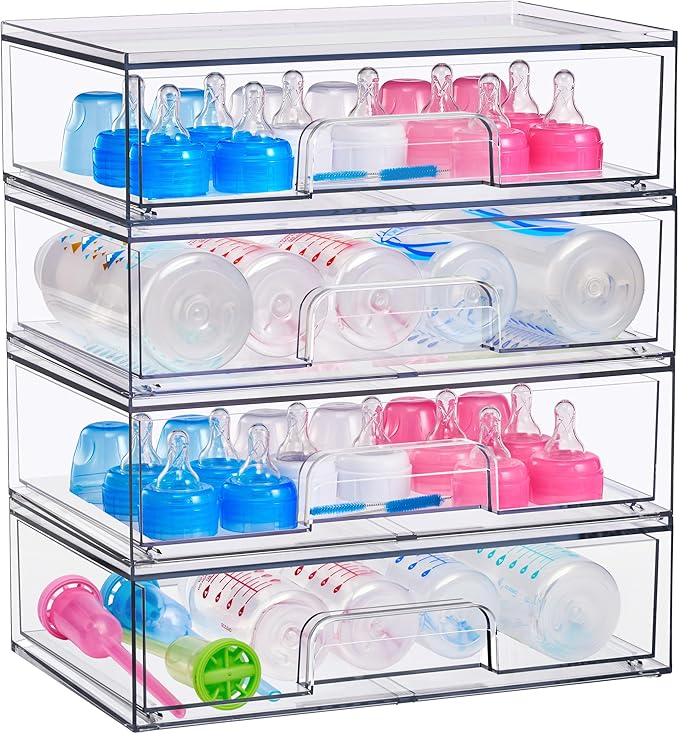 Sorbus Wide Stackable Acrylic Storage Drawers, 4 Pack Clear Plastic Organizer Bins for Baby Bottles, Makeup, Bathroom, Vanity &Countertop Organization, Pull-Out Drawer Design for Cabinets & Pantry
