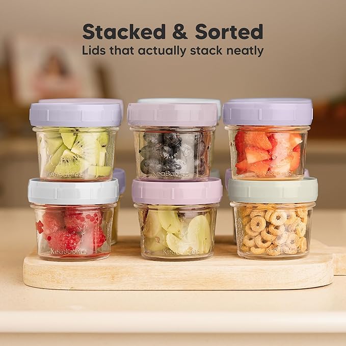 KeaBabies 12pk 4oz Glass Baby Food Containers with Lids - Leak-Proof, Microwavable Small Glass Jars, Baby Purees & Toddler Snack Storage Containers, BPA-Free, Dishwasher & Freezer Safe (Lilac)