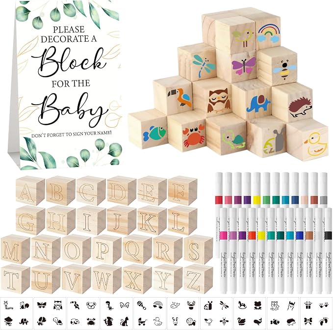 117 Pcs Baby Shower Blocks to Decorate Game Kit Includes 52 Wooden Blocks 24 Markers 1 Game Sign 40 Templates to Paint (Leaf)