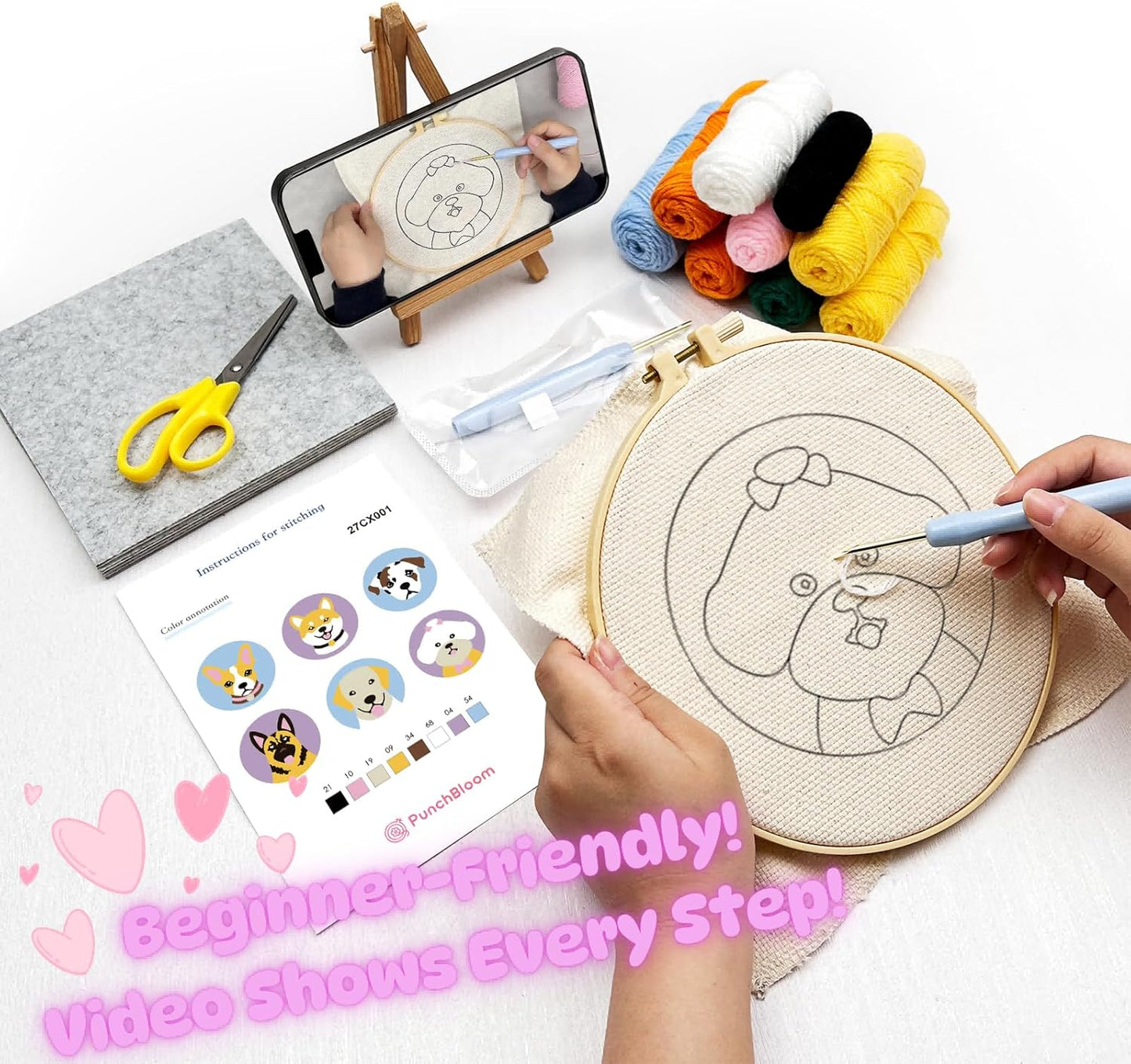 Punch Needle Kit for Adults Beginners, 6-Piece Cute Dog Punch Coaster Starter Kit – Easy Embroidery Stitch Craft Set with Instructions – Fun Needle Point Tufting for Table Decor & Festival Gifts