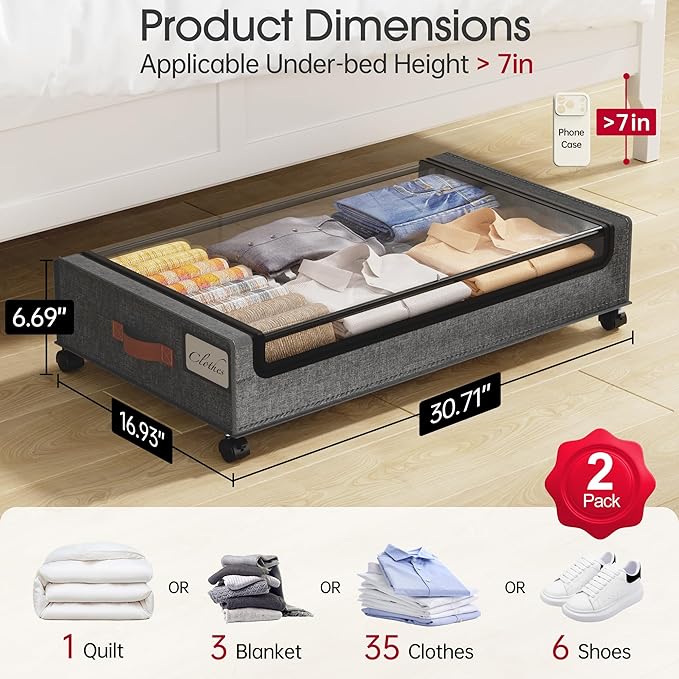 Rolling Under Bed Storage with Wheels, 2 Pack – Grey