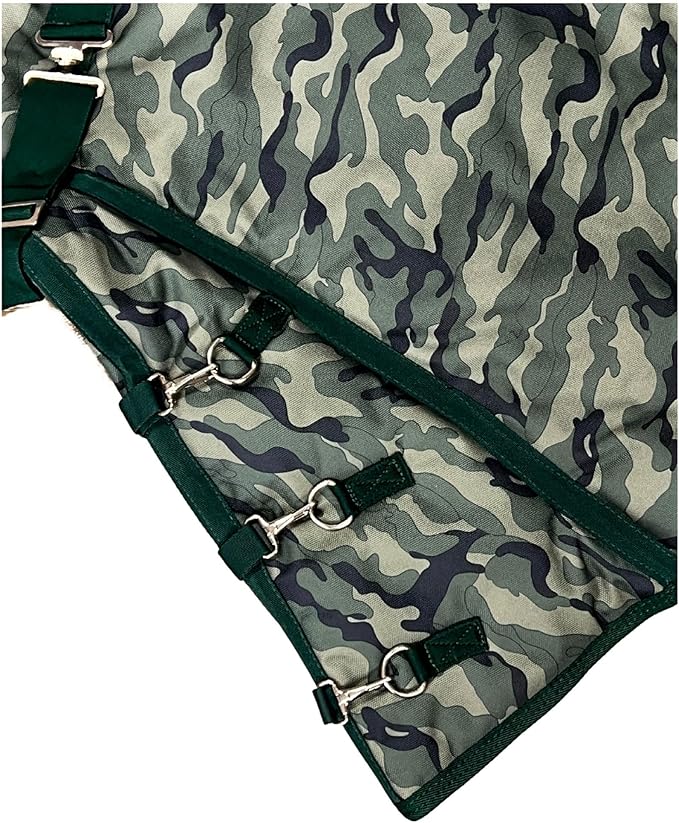 AJ Tack 1200D Waterproof Winter Horse Blanket with Hood - 400g Heavyweight Turnout with Fleece Collar, Shoulder Gussets & Tail Flap - Camouflage 66"