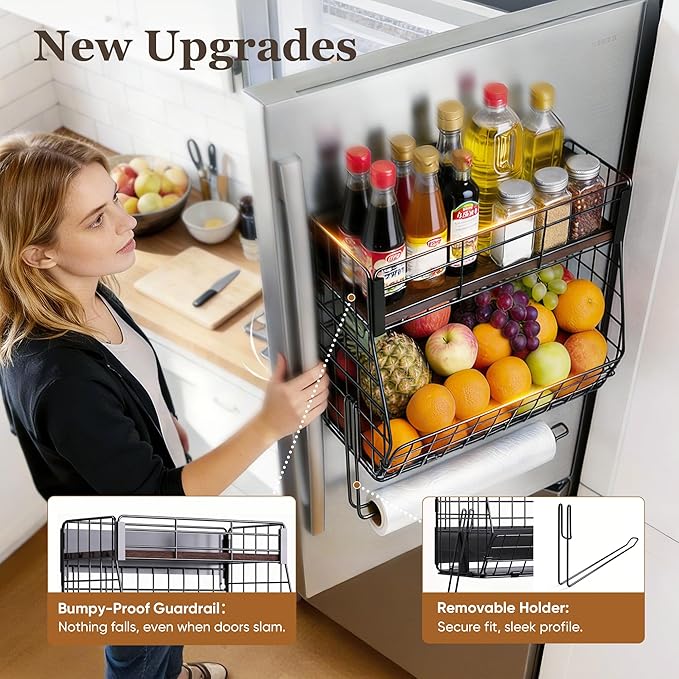 2 Pack Magnetic Spice Rack for Fridge with Paper Towel Holder, Fruit Basket with 4 Hooks for Kitchen Storage and Organizer, Full‑Enclosed Magnetic Shelf 33 lbs for Laundry, Pantry, Coffee Bar and RV