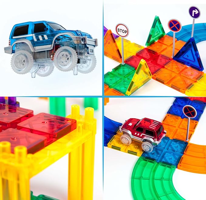 PicassoTiles 128pcs Magnetic Race Car Track Building Block Educational Toy Set Tiles Magnet Playset 3 LED Car STEM Learning Construction Kit Fine Motor Skill Training Brain Development for Kids Age3+ | 3 Light-up LED car fun, multi-level slope design, ...