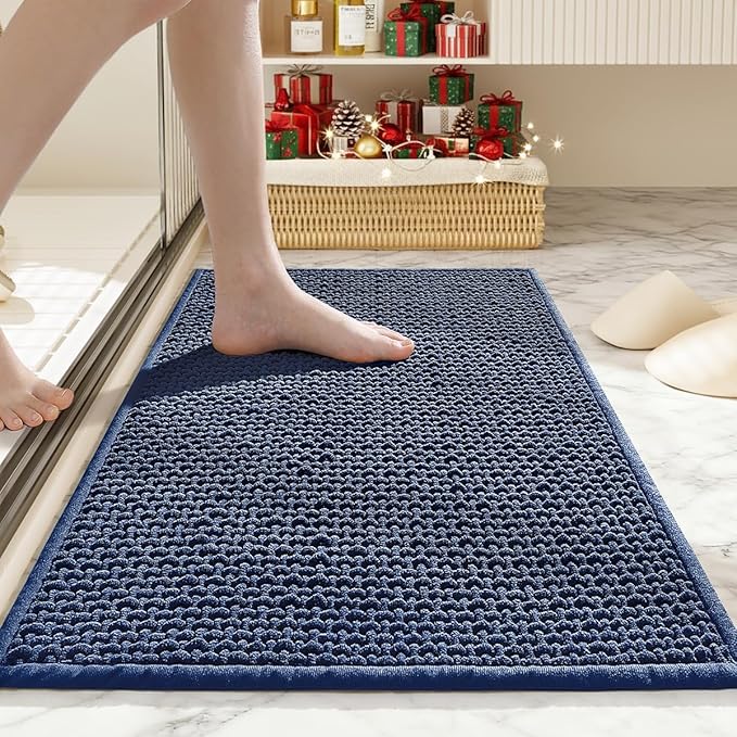 Bathroom Rugs Non Slip Washable, Super Absorbent Thin Bath Mat for Small Quick Dry Low Pile Bathroom Rug, (Navy Blue, 32″x20″)
