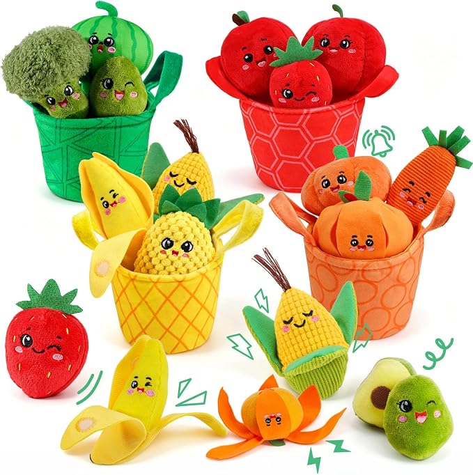 HumorPlay Montessori Baby Toys 6-12-18 Months, 12PCS Soft Fruit & Vegetable Sensory Toy Set & 4 Color Sorting Baskets, Fine Motor Skill Educational Toys for 1 Year Old Boy Girl Birthday Gifts